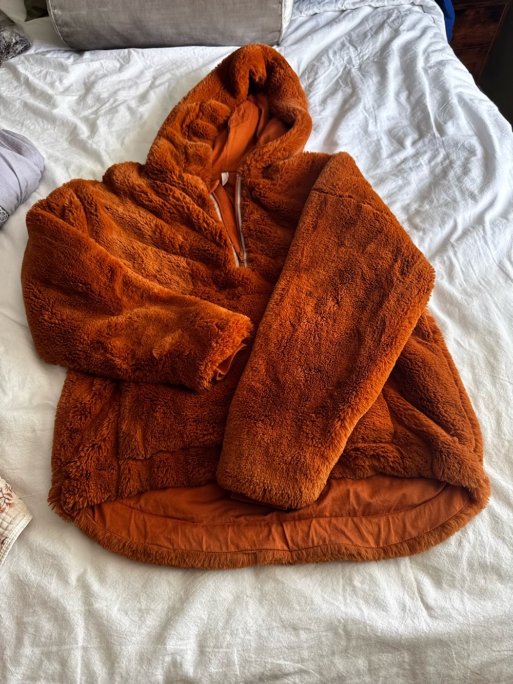 Free People Plush Hooded Faux Fur Jacket in Rust Orange